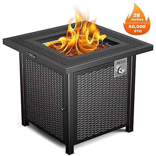 Product Cover Propane Fire Pit Table, TACKLIFE Outdoor Companion, 28 Inch 50,000 BTU Auto-Ignition Gas Fire Pit Table with Cover, CSA Certification and Strong Striped Steel Surface, Table in Summer, Stove in Winter