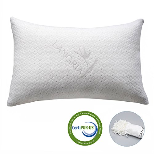 Product Cover LANGRIA Shredded Memory Foam Pillow with Zip Cover, Adjustable Bed Sleeping Pillow for Side Back Stomach Sleeper, CertiPUR-US Breathable Odor-Free Washable, Queen
