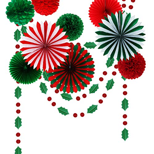 Product Cover Christmas Hanging Paper Fans Decorations Red and Green Round Paper Bunting Garland Banner Folding Fans Xmas Party Supplies Winter Holiday Party Decor