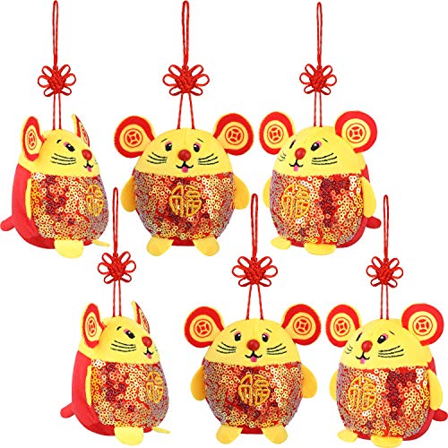 Product Cover Chinese New Year Red Rat Ornament Decorations Year of The Mouse Festival Decoration Good Luck Plush Red Mascot Mouse Stuffed Animal Table Shelf Decor Home Figurines (6 Packs, Rat with Sequin)