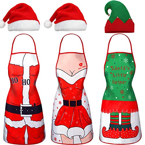 Product Cover Jovitec 6 Pieces Christmas Apron and Hat Set, Funny Santa Aprons Elf Apron and Christmas Hats Elf Hat for Party Costume Supplies