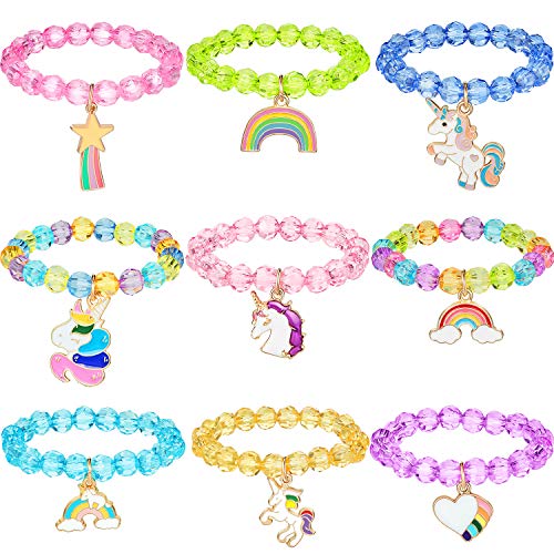 Product Cover Hicarer 9 Pieces Colorful Unicorn Bracelet Girls Unicorn Bracelets Rainbow Unicorn Beaded Bracelet for Birthday Party Favors (Crystal Style)