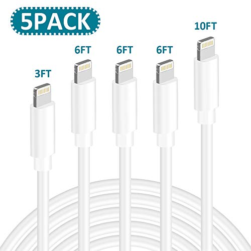 Product Cover iPhone Charger,MFi Certified Lightning Cable 5Pack(3/6/6/6/10FT) Extra Long USB Fast Charging&Syncing Data Cord Compatible iPhone Xs/Max/X/XR/8/8Plus/7/7Plus/6S/6S Plus/SE （White）