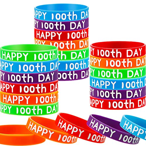 Product Cover 100th Day of School Silicone Bracelets Wristbands Rubber Bracelets Happy 100th Day of School Rubber Bracelets for School Party Supplies Decoration (25 Pieces)