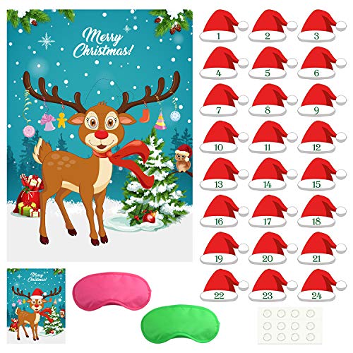 Product Cover FEPITO Christmas Games for Kids Pin The Santa Hat on The Reindeer Christmas Party Pin Games with 24Pcs Christmas Hat Stickers for Christmas Party Supplies, Kids New Year Xmas Gifts