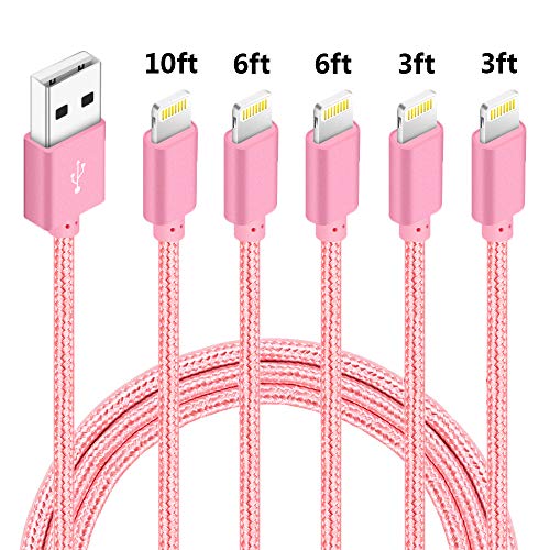 Product Cover iPhone Charger Cable 5 Pack 3/3/6/6/10FT Lightning Cable MFi Certified Fast USB iPhone Charging Cable Long Nylon Braided Cord Compatible iPhone XS/Max/XR/X/8/8Plus/7/7P/6/6 P/6S