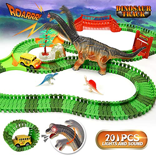 Product Cover URTOYPIA Dinosaur Toys Race Car Track, 201Pcs Flexible Race Track Set with Moving Head and Sound Dinosaurs Interactive Tracks Toy for Kids Boys Girls