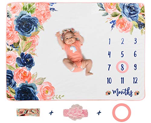 Product Cover Sweetest Memories Baby Monthly Milestone Blanket Pink Floral Headband Bows | Large Extra Soft Flannel Fleece | Newborn to 12 Month Girl | Photography Backdrop for Infant