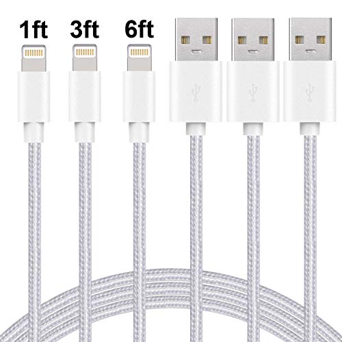 Product Cover JIANKERDIRECT Cable 3 Pack 1FT 3FT 6FT Nylon Braided USB Charger Charging Cable Cord Compatible with iPhone 11 Xs X 8 7 6S 6 Plus iPad 2 4 Mini iPad Pro Air and More White