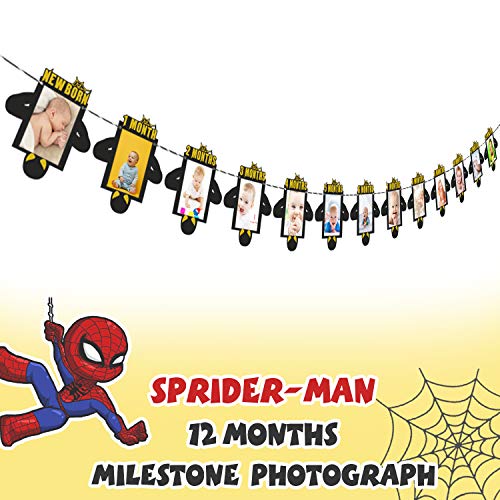 Product Cover AERZETIX Spiderman First Decorations Black & Gold Birthday Photo Banner for Newborn Baby 12 Months Photograph 1st Birthday Party Decoration