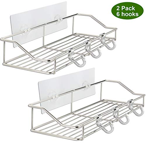 Product Cover YULEER Shower Shelf with 6 Hooks, 304 Stainless Steel Adhesive Shower Caddy, 2 Pack Wall Mounted Shower Organizer for Bathroom and Kitchen Storage Organizers