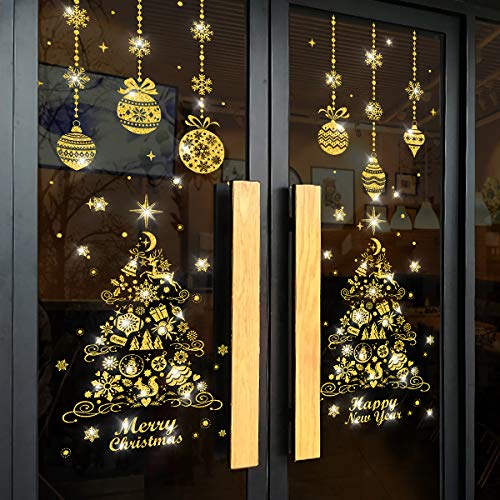 Product Cover Aelfox Gold Christmas Window Clings, Christmas Door Decorations Christmas Stickers Decals Wall Sticker for Home/Office/Shop/Classroom/Glass/Holiday Christmas Decorations