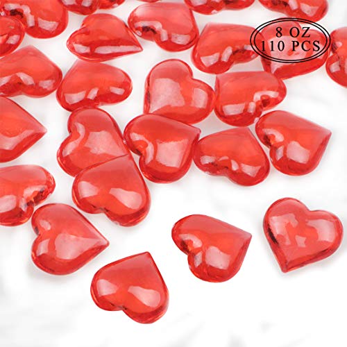 Product Cover Fangoo 110 Pieces Red Acrylic Heart Flat Back Heart Gems for Valentine's Day Decorations, Vase Filler, Table Scatter Decoration, Wedding Decorations,Home Decorations(Bright Red, 8OZ)