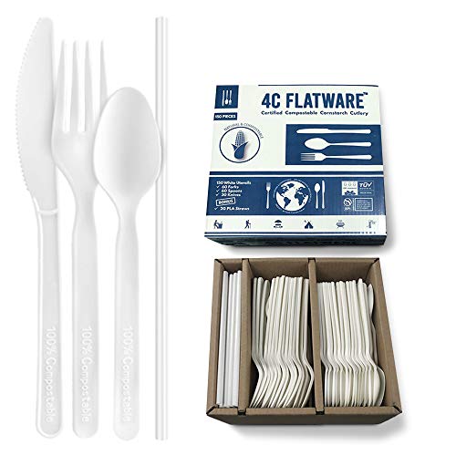 Product Cover Compostable Cutlery | 150pc White Compostable Forks Spoons and Knives, BPI Compostable Utensils Ideal for Travel Silverware, Free from Plastic Cutlery Set, Biodegradable Utensils incl 20 Eco Straws