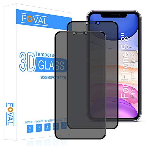 Product Cover Privacy Screen Protector for iPhone 11 Pro/X/Xs (2 Pack)(Bubble Free), Foval 11 Pro/X/XS (Full Coverage) Anti Spy (Case Friendly) Tempered Glass Privacy Screen Protector with Installation Tray(5.8