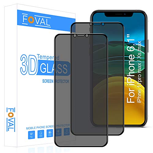 Product Cover Privacy Screen Protector for iPhone 11 Pro Max/iPhone Xs Max (2 Pack) (Bubble Free), Foval 11 Pro Max/Xs Max (Full Coverage) Anti Spy (Case Friendly) Tempered Glass Privacy Screen Protector with Easy Installation Tray(6.5