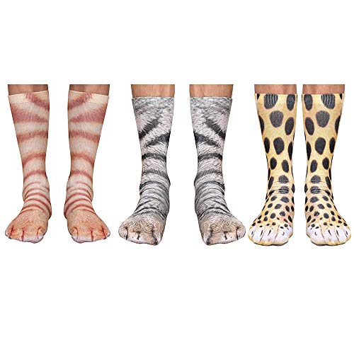 Product Cover GTN Tech Animal Paw 3D Printed Socks - Cat/Tiger/Leopard for Women Men - Christmas White Elephant Gag Gifts Prank Holiday Party Favors 3 Pairs