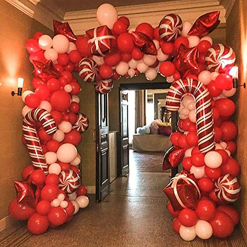 Product Cover BONROPIN Christmas Balloon Garland Arch kit 144 Pieces with Christmas Red White Candy Balloons Gift Box Balloons Red Star Balloons for Christmas Party Decorations