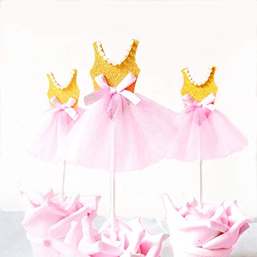 Product Cover Set of 12 Ballerina Princess Cupcake Toppers Pink Glitter Tutu for Girls Cute Tutu Baby Shower Birthday Party Baby Girl's Birthday(12pk,Gold)