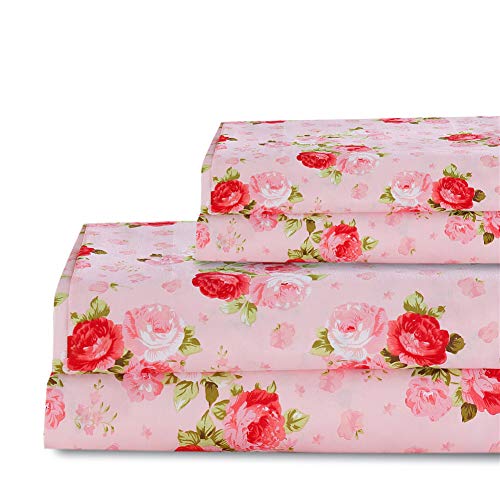 Product Cover Bedlifes Rose Floral Sheet Set Luxury Ultra Soft Wrinkle-Free Hypoallergenic Pattern Printed Bed Sheets Deep Pocket Flat Sheet& Fitted Sheet& Pillowcases 100% Microfiber 4 Piece Queen Pink Flowers