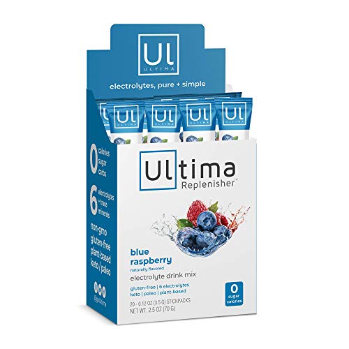 Product Cover Ultima Replenisher Electrolyte Hydration Powder, Blue Raspberry, 20 Stickpacks - Sugar Free, 0 Calories, 0 Carbs - Gluten-Free, Keto, Non-GMO, Vegan, with Magnesium, Potassium, Calcium