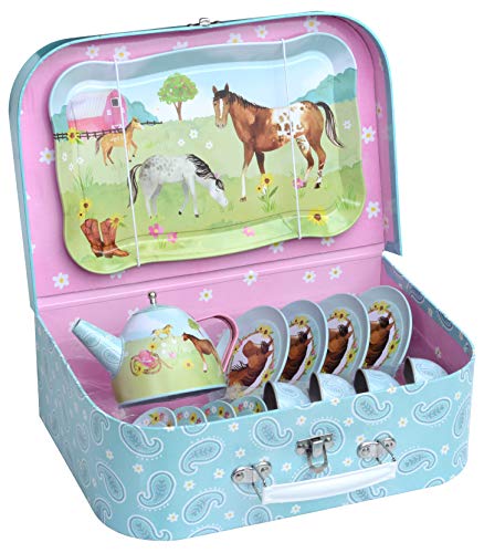 Product Cover Jewelkeeper 15 Piece Kids Pretend Toy Tin Tea Set & Carrying Case - Horse Design
