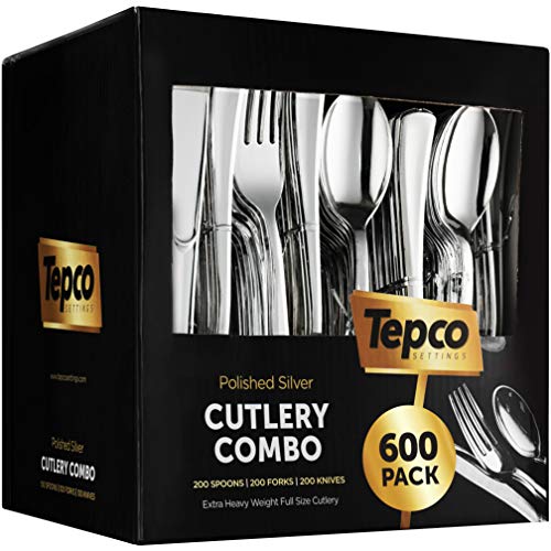 Product Cover 600 Plastic Silverware Set - Silver Plastic Cutlery Set - Disposable Silverware Set - Flatware Set - 200 Plastic Silver Forks - 200 Silver Spoons - 200 Plastic Silver Knives - Heavy Duty - Party Bulk