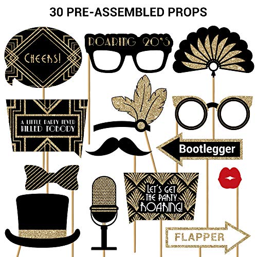 Product Cover Roaring 20s Photo Booth Props | FULLY ASSEMBLED | Roaring 20s Party Decorations | REAL GLITTER | Great Gatsby Party Supplies Gold | Vintage 1920s, Speakeasy, Prohibition | NO DIY (30 Pieces)