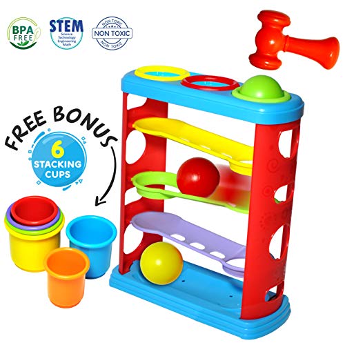 Product Cover Pound a Ball Toy for Toddlers with 6 Bonus Stacking Cups, Hammer and Ball Pounding Montessori Toys for Babies, Fun Learning Developmental Toys for 1, 2, 3-Year-Olds, Best Toddler Boy and Girl Gifts