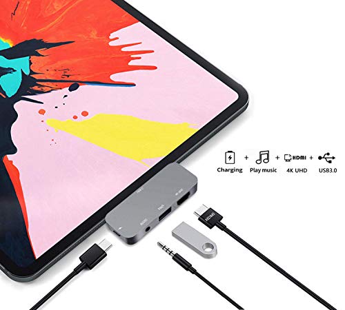 Product Cover USB C HUB Adapter for iPad Pro 11/12.9 2019/2018,USB C to HDMI Dongle,3.5mm Earphone Headphone Jack with Volume Control,USB3.0,Type C PD Charging Dock