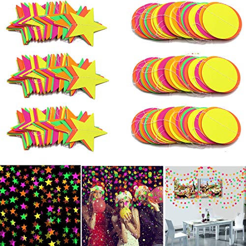 Product Cover Black Light Party Supply 78ft Neon Star Garland Hanging Decorations Black Light Reactive UV Glow Party Colorful Party Paper Garland Circle Dots Hanging Decorations (Style C)