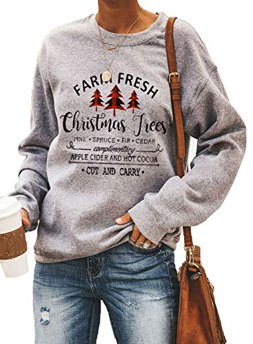 Product Cover Dokotoo Womens Casual Long Sleeve Crewneck Christmas Tree Print Holiday Sweatshirts Xmas Pullovers Blouses Tops Sweatshirts Gray 2XL