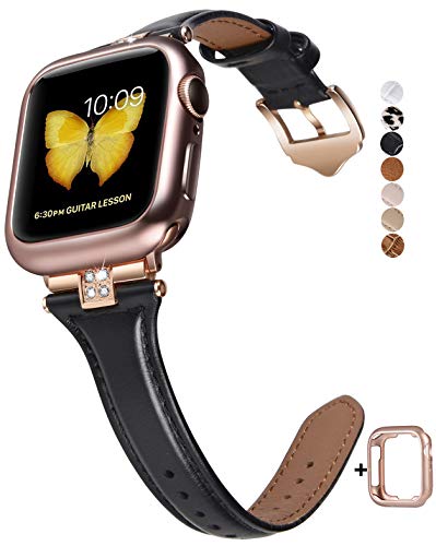 Product Cover JSGJMY Slim Leather Bands Compatible with Apple Watch 38mm 40mm 42mm 44mm Women Top Grain Leather Strap with Diamond Rhinestone for iWatch Series 5/4/3/2/1 (Black/Rose Gold, 38mm/40mm)
