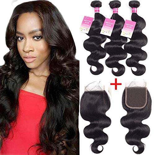 Product Cover Brazilian Body Wave Bundles with Closure 100% Unprocessed Human Hair Bundles with Closure 8A+ Upgrade Body Wave Hair Bundles with Closure Free Part