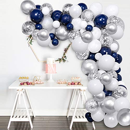 Product Cover Silver Blue Balloons Garland Kit, 120 pcs Navy Blue and Silver Confetti White Balloons Arch with 16ft Tape Strip & Dot Glue for Party Wedding Birthday DIY Decoration