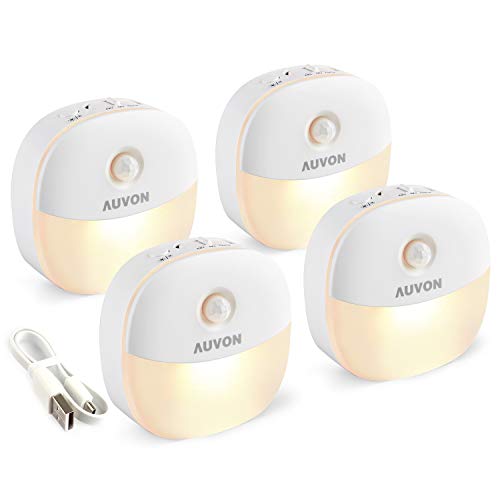 Product Cover AUVON Rechargeable Motion Sensor Night Light, Warm White LED Stick-On Closet Light with Dusk to Dawn Sensor, Adjustable Brightness for Wall, Stairs, Cabinet, Hallway (4 Pack)