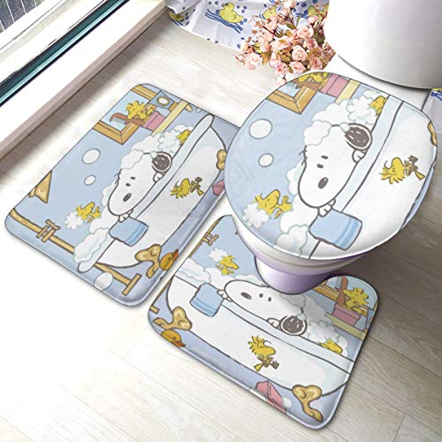 Product Cover Snoopy Bathing Bathroom Rugs 3pc Non Slip Washable Bath Rugs, Contour Mat and Toilet Lid Cover Set