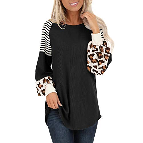 Product Cover BOLUOYI Women's Leopard Lantern Sleeve Stripe Patchwork Tops Casual Colorblock Blouse