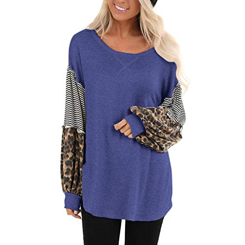 Product Cover BOLUOYI Women Leopard Print Long Puff Sleeve Splicing Striped Tops Patchwork Pullovers