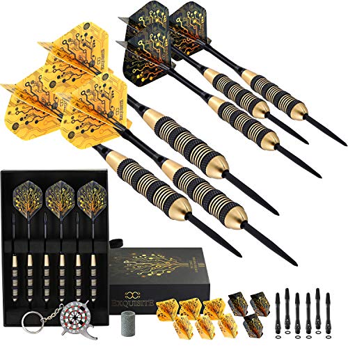 Product Cover CC-Exquisite Professional Steel Tip Darts Set - 6 x 20g Brass Barrels with 12 Flights Standard/Slim, 12 Aluminum Shafts 35/48mm, 12 O-Rings, Dart Tool, Dart Sharpener and Case for Man Cave & Game Room