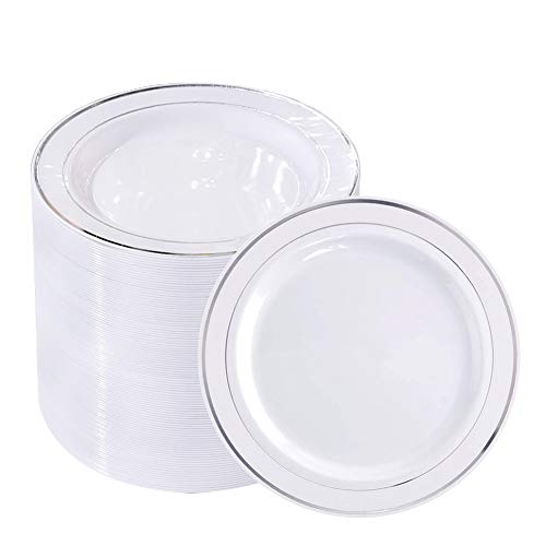 Product Cover BUCLA 100Pieces Silver Plastic Plates -6.25inch Disposable Salad/Dessert Plates- White with Silver Rim Premium Hard Plastic Appetizer Plates/Small Cake Plates for Weddings& Parties