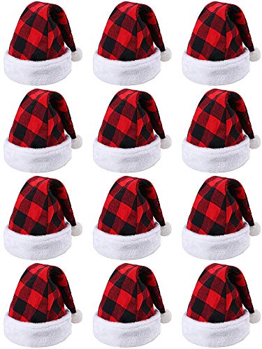 Product Cover URATOT 12 Pack Christmas Santa Hat Red and Black Plaid Santa Hat Luxury Plush Hat for Christmas Costume Party and Holiday Event