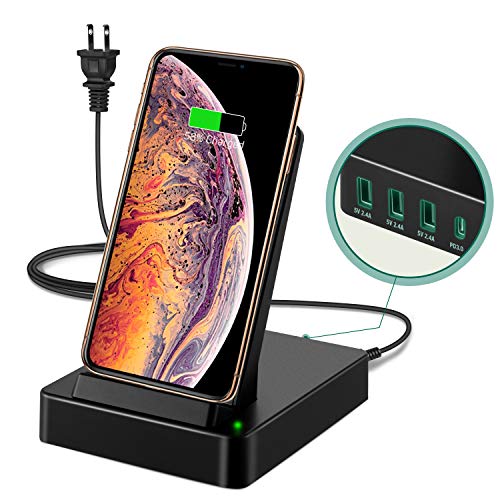 Product Cover Wireless Charger Stand Station, 50W 5 in 1 with 3 USB-A & 20W USB-C Ports Fast Charging Dock, 15W Wireless Charger Compatible iPhone 11 Pro Max/Xs Max/XR/8, Airpods pro, Samsung Galaxy Note 10/S10/S9