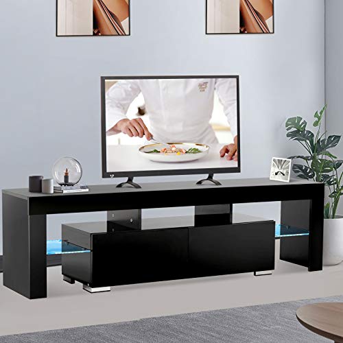 Product Cover Mecor Black TV Stand with Lights.Modern LED TV Stand with Storage and 2 Drawers.High Gloss TV Stand for 65 Inch TV Living Room Furniture