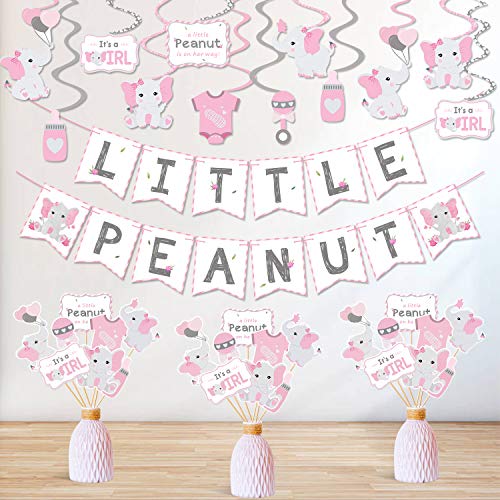 Product Cover Pink Elephant Party Decorations Set Pink Little Peanut Banner Centerpiece Sticks Hanging Swirl Decorations For Pink Elephant It's A Girl Baby Girl Theme Birthday Baby Shower Party Supplies