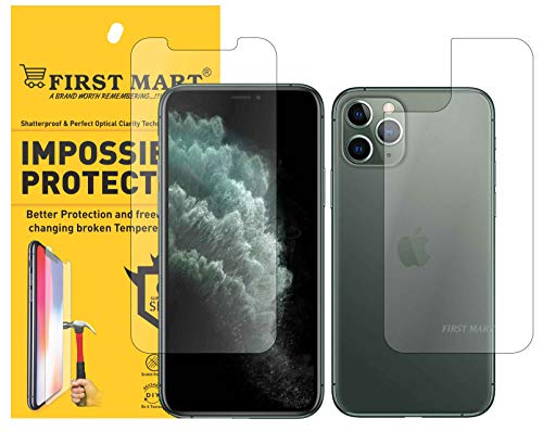 Product Cover First MART Screen Protector iPhone 11 Pro Max- Front and Back Guard Hammer Proof Impossible Fiber Film Full Flat Screen Tempered Glass Scratch Resistant Precisely Engineered - Upgraded Version