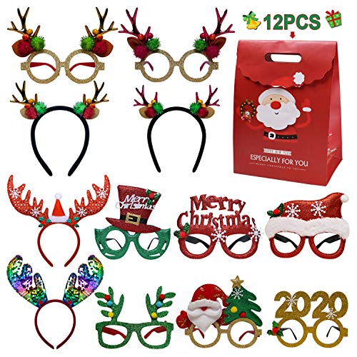 Product Cover RARLONER DIRECT 12Pcs Christmas Party Glasses Frame and Headbands - Glittered Creative Fancy Decoration Eyeglasses and Cute Hair Hoop Gift Set for Xmas, Holiday Favors, Assorted Styles