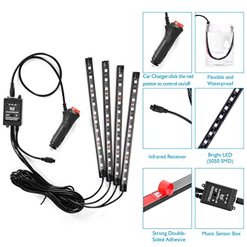 Product Cover Interior Car Lights, 4pcs 48 Car LED Strip Lights, powered by car charger, DC 12V