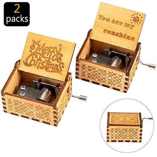 Product Cover Biubee 2 Pack Christmas Wood Music Boxes- You are My Sunshine and Merry Christmas Laser Engraved Classic Wooden Hand-Cranked Musical Box for Christmas Valentine's Day Birthday Gifts