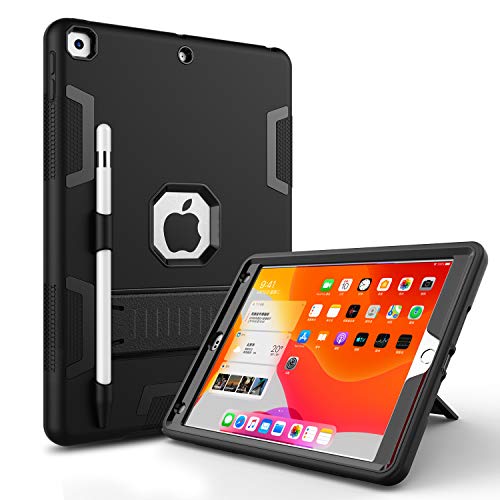 Product Cover CASY MALL New iPad 10.2 2019 Case, iPad 7th Generation 10.2 inch Tablet Case, Three Layers Heavy Duty Shockproof Protective Case with Kickstand & Pencil (Black)